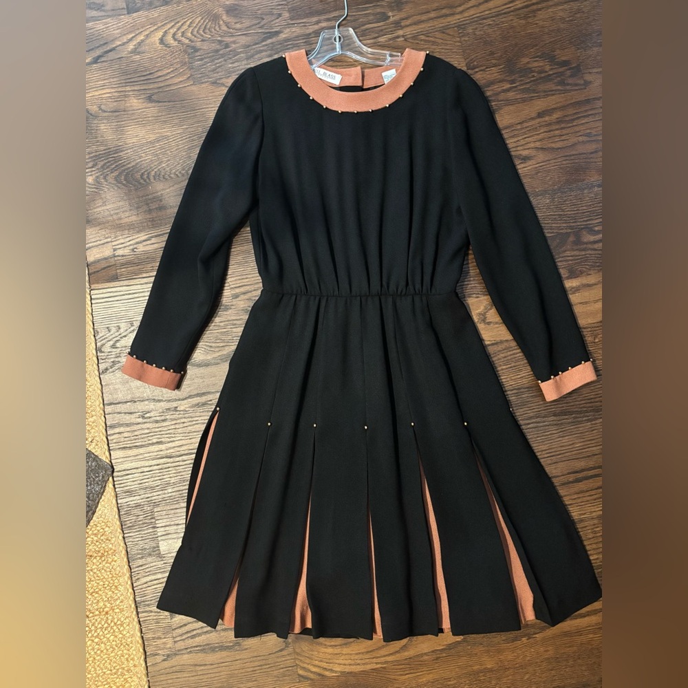Vtg 80s Bill Blass Black Crepe Gold Beaded Brown LBD Cocktail Dress M